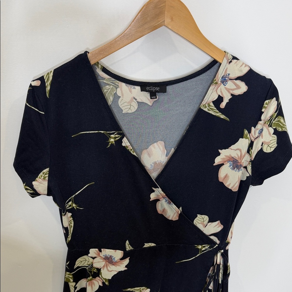 Eclipse Women’s Navy Floral High-Low Wrap Dress – Size Medium - Picture 2 of 8